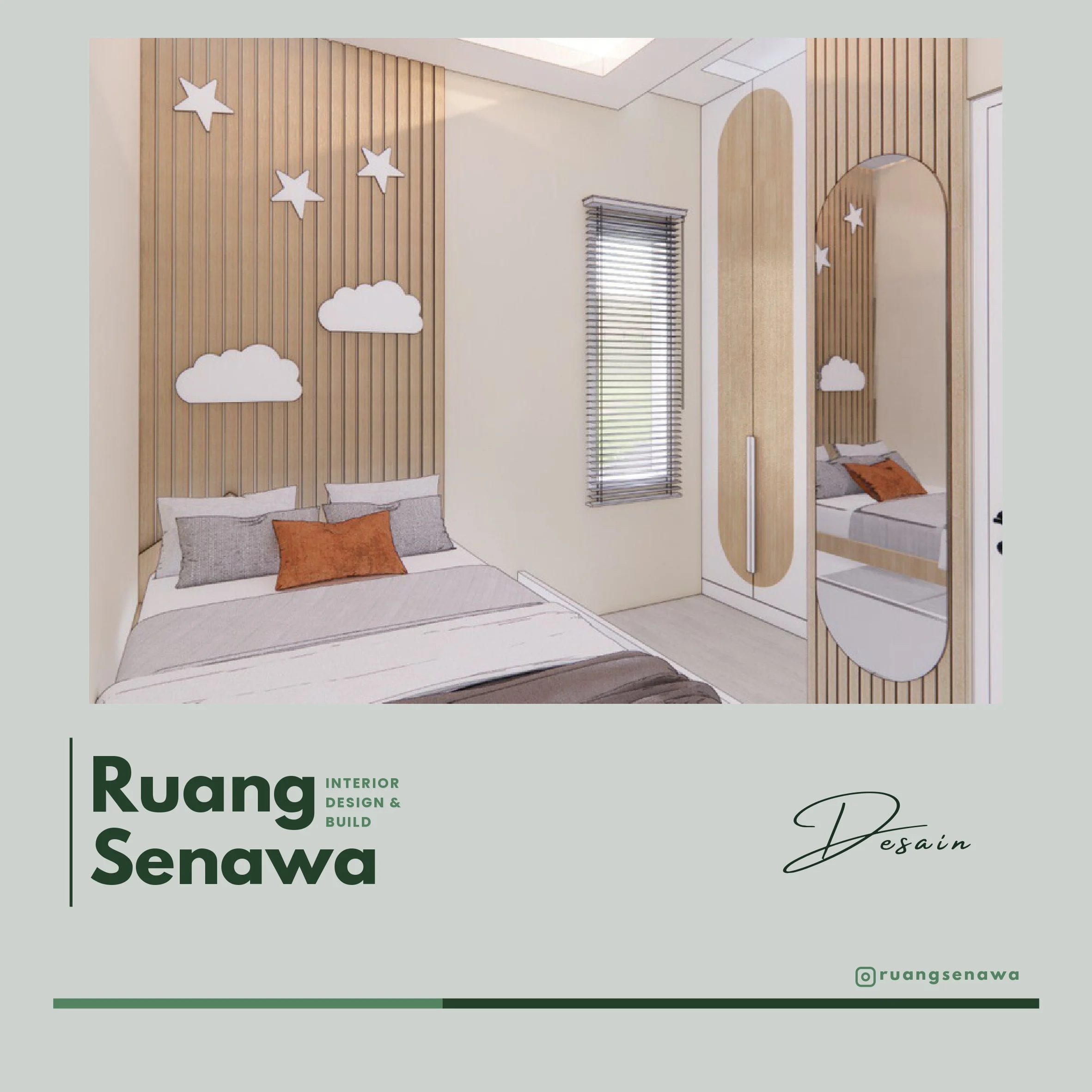 3D Concept: Cloud Kids Bedroom — Dekorasi dinding bentuk awan dan bintang dengan cermin oval Kota Render 3D Palu Ruang Senawa